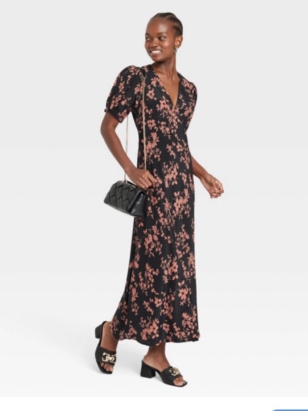Target A New Day Floral V Neck Short Sleeve Maxi Dress Black Tan Size Medium